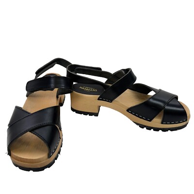 Swedish Hasbeens Sandals 38 Mirja Black Leather Wooden Heeled