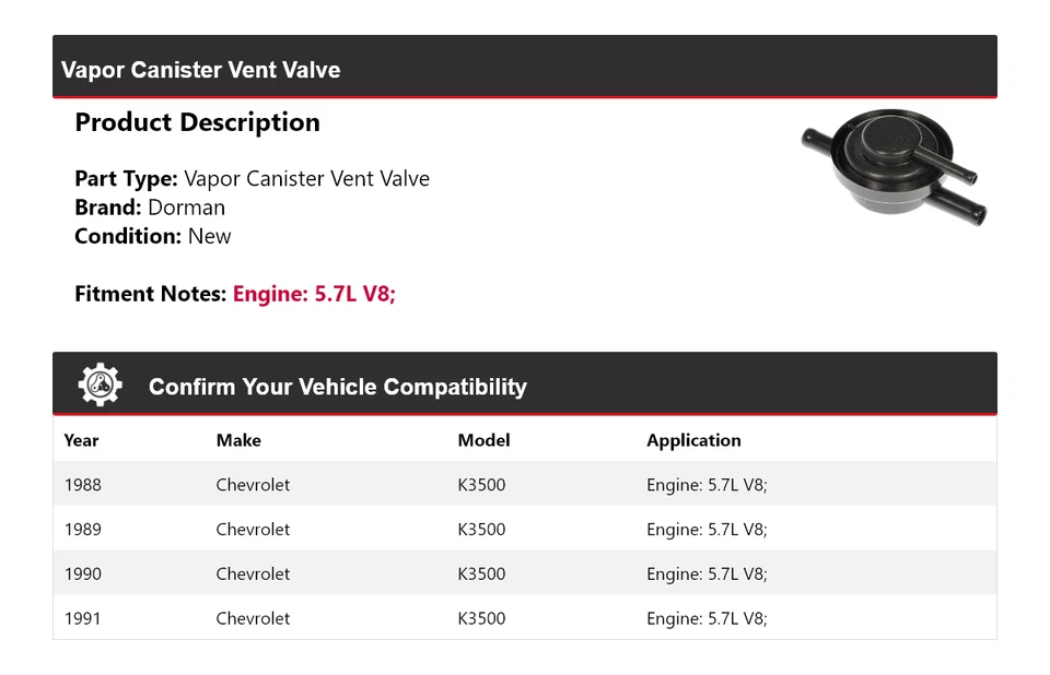 Válvula de ventilación de bote de vapor Dorman V8 V8 1988-1991 Chevrolet K3500 1989 Foto 2 de 4