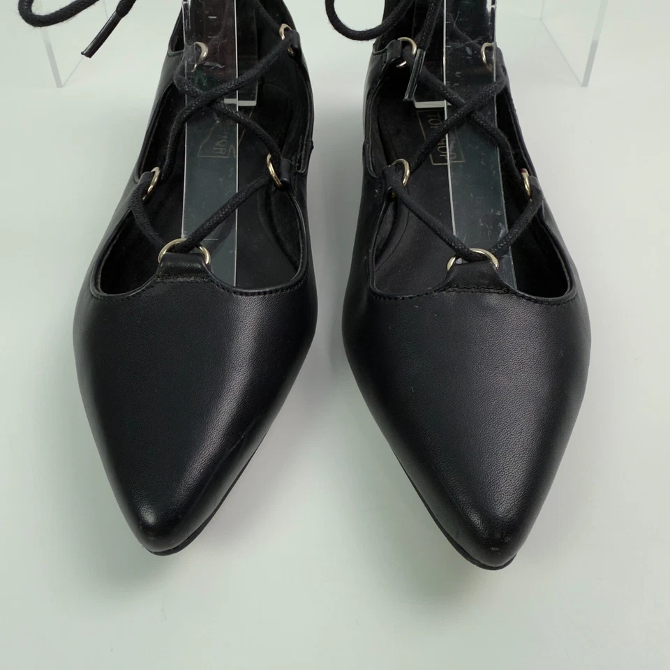 Topshop Size 36 US 5.5 Black Faux Leather Lace Up Pointed Toe Ballet Flats - Image 4 of 4