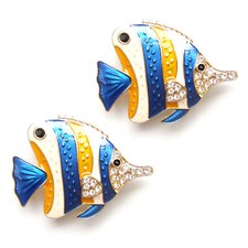 2pcs Brooch Butterflyfish Blue Yellow Tropical Fish Beach Nautical Sparkle Pin