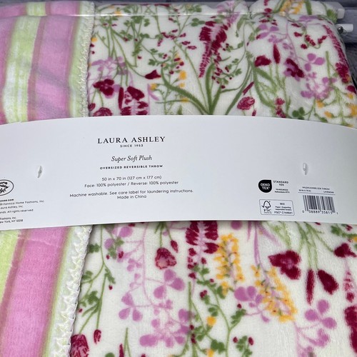 Laura Ashley Wildflowers Throw Blanket Pink Green Yellow Floral 50x70 Reversible - Picture 2 of 4