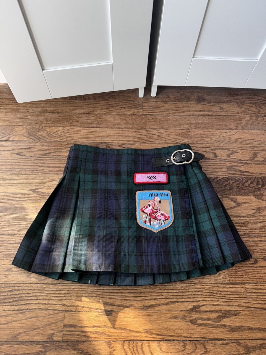 スカート MIU MIU Embroidered Wool Blend Mini Skirt Miu Miu Pleated Wool Plaid Tartan Beaded Embroidered Patch