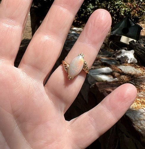 Vintage Antique 14kt Yellow Gold 8 X 16mm Marquise Opal Bypass Ring Sz 5.25 - Picture 8 of 10