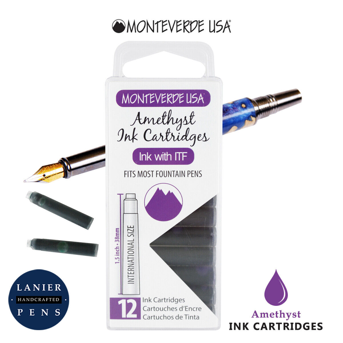 Monteverde G305AM Ink Cartridges Clear Case Gemstone Amethyst- Pack of 12 (Monteverde G305AM Fountain Pen Ink Cartridges Clear Case Gemstone Amethyst - Pack of 12)
