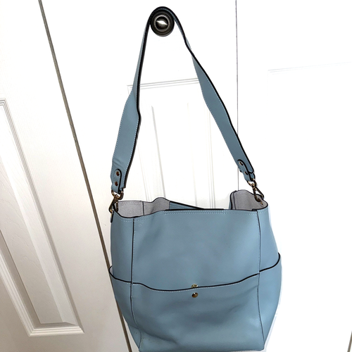 NWOT~Bostanten~Blue Leather Shoulder Bag Tote With Brown Fabric Organizer Inside
