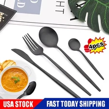 4-Piece Matte Black Silverware Set, Stainless Steel Flatware Cutlery, Kitchen US