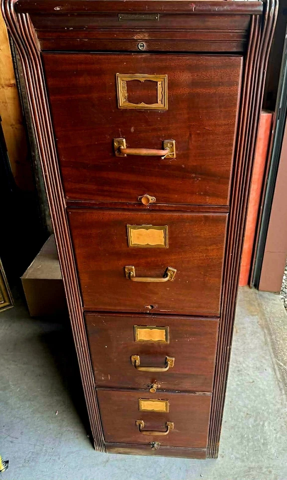 Antiguo archivador Yawman & Erbe 4 cajones roble tigre cascada biblioteca oficina Foto 2 de 4