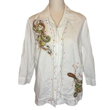 Women's Koret Large White Multi Color Embroidered Paisley Button Down Shirt