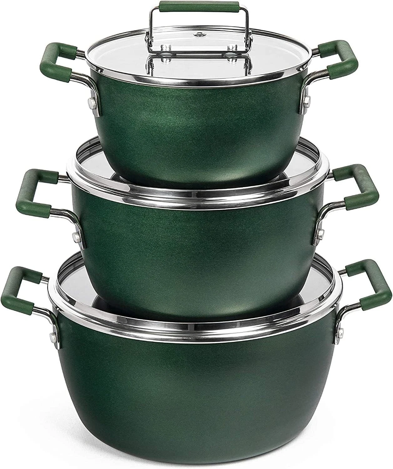 Green Pots & Pans Set Nonstick 6 Stackable Piece Cooking Pots Set Kitchen Pots