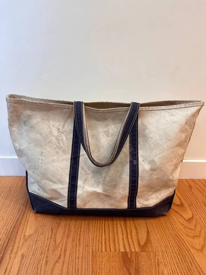 Vintage L.L. Bean лодка и сумка с короткими ручками X-Large холст сумка слоновой кости с синими ремнями - Изображение 3 из 4