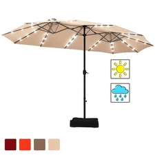 15Ft Patio Double-Sided Solar LED Market Umbrella Crank 36 Lights Base Beige