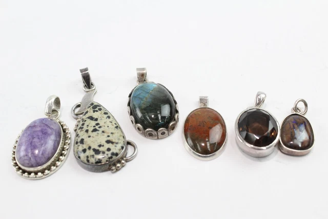 03 Sterling Silver Gemstone Pendants Dalmation Jasper Labradorite Moonstone x 6