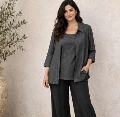 Marina Rinaldi Two-Piece Set Linen Blend Tank And Jacket Charcoal Italy US Sz 18