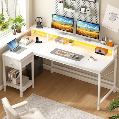 Study Table Office 40 inch L Shaped Computer Desk w/ Drawers & LED Lights,White