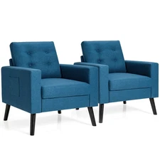 Set of 2 Accent Armchairs Upholstered Single Sofa Chairs w/ 2-Side Pockets Navy