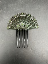 Vintage Art Deco Black Celluloid Hair Comb Green Rhinestones Openwork Floral