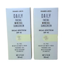 2 Pack Trader Joe's Daily Facial Mineral Sunscreen SPF 40 -  Exp 07/2027