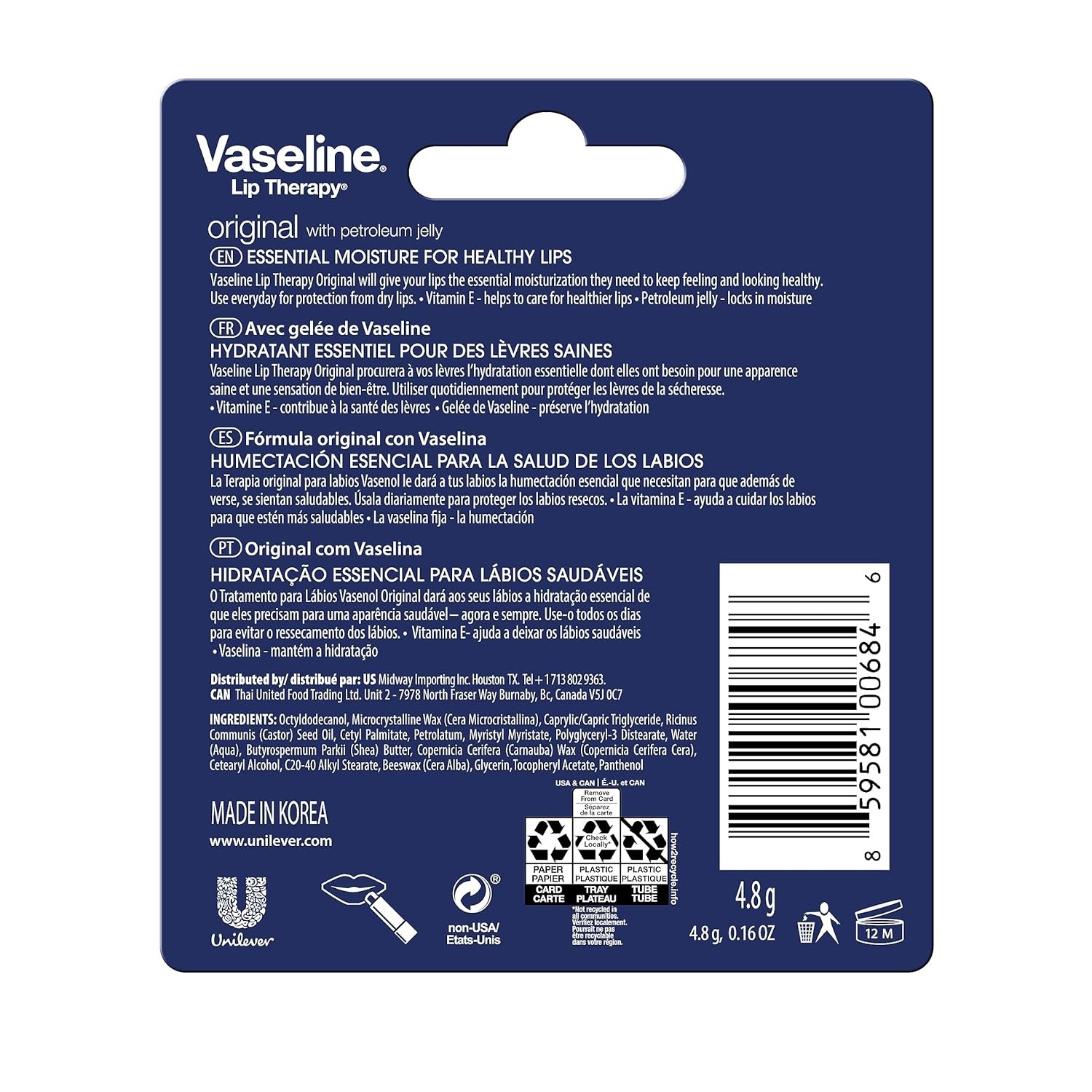 Vaseline Lip Therapy Care Original, Fast-Acting 0.16 Ounce (Pack of 4), White 