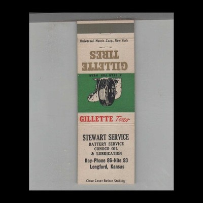 Matchbook Cover Gillette Tires Stewart Service Conoco Oil Longford, KS