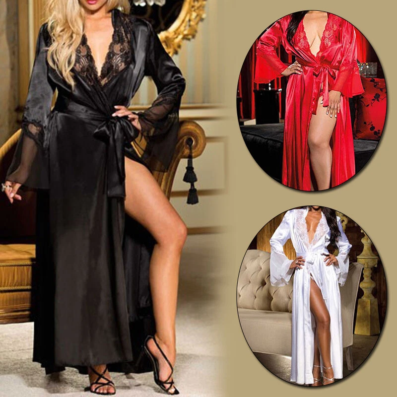 Womens Sexy Satin Silk Sleepwear Long Kimono Robe Bride Night Dressing Gown Plus