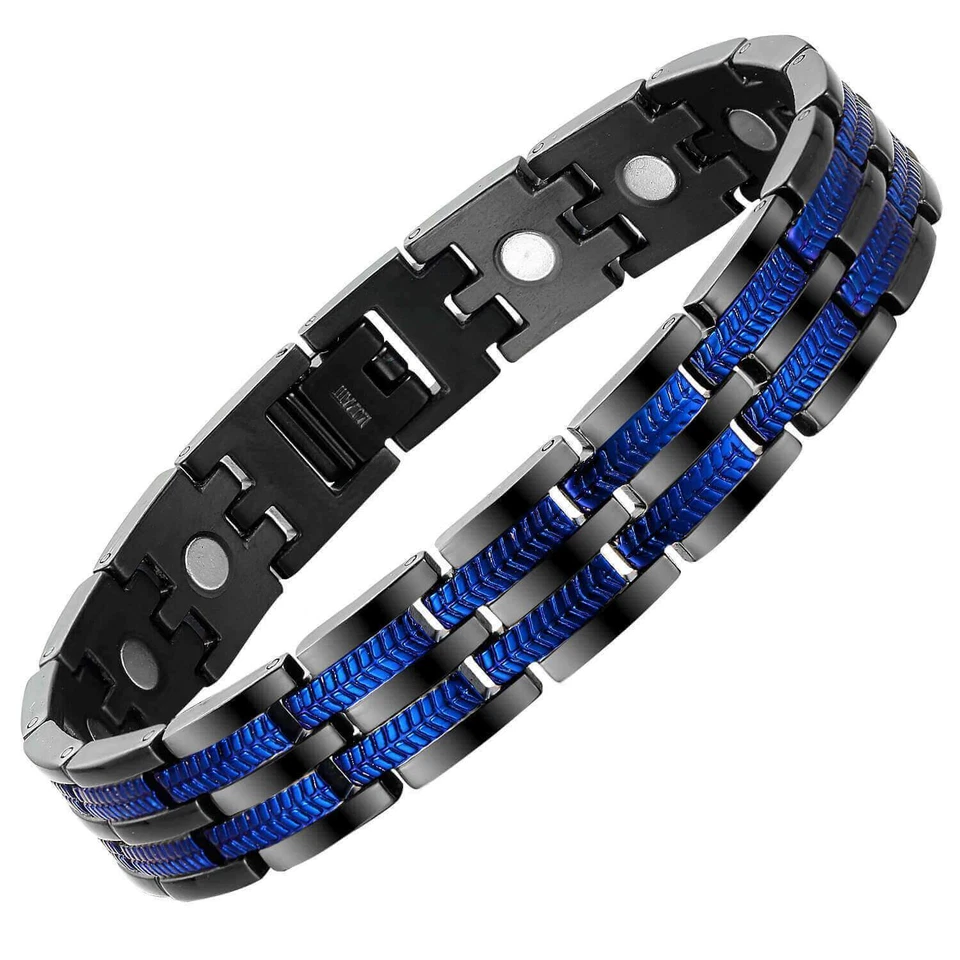 GAUSSTHERAPY Black & Blue Titanium Magnetic Bracelet Arthritis Pain Relief + Resizing Tool
