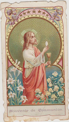 VERY NICE PIOUS IMAGE HOLY CARD SANTINI/CHRIST/GARDEN OF ROSES AND WHITE LILIES