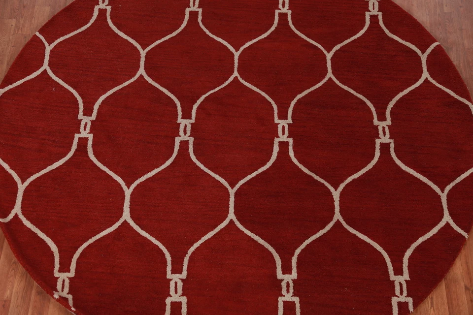 Red Moroccan Trellis Oriental Round Rug 8x8 Hand-tufted Carpets - Image 3 of 4