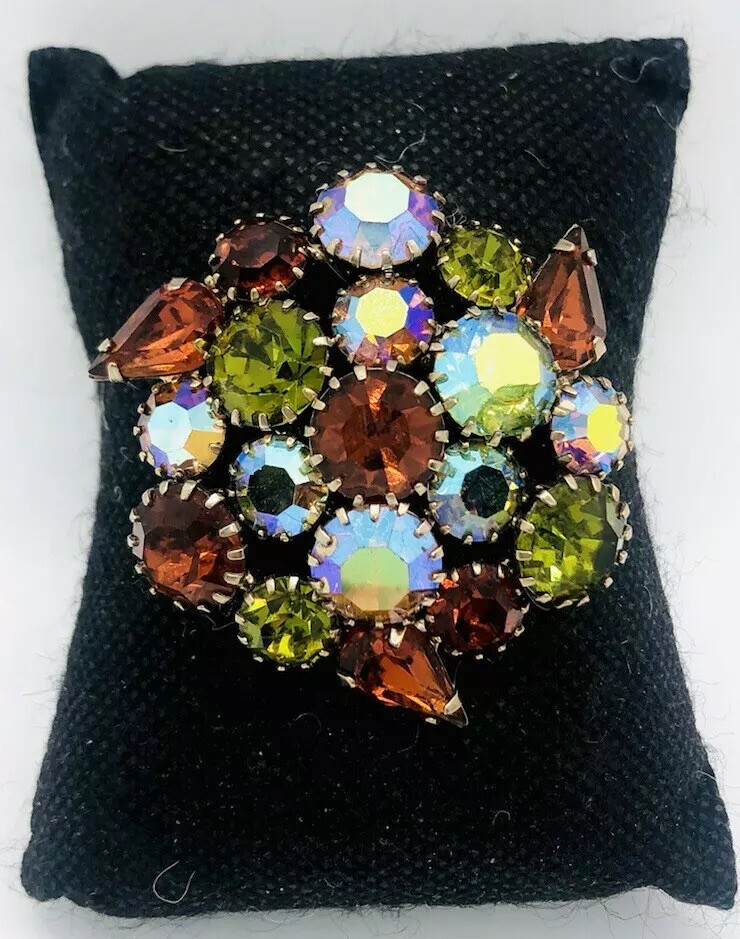 Beautiful Autumn Colors AB Rhinestone Brooch Unsigned Weiss Vintage