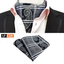 Classic Men's Ascot Cravat Tie Silk Paisley Black White Scarves Cravat Hanky Set