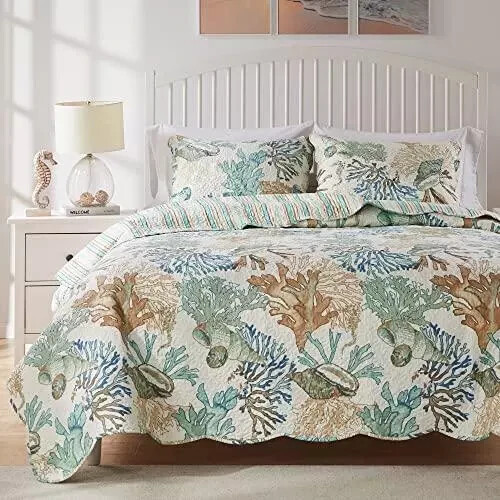 Barefoot Bungalow Atlantis Coastal Quilt Set, 3-Piece Full/Queen, Jade