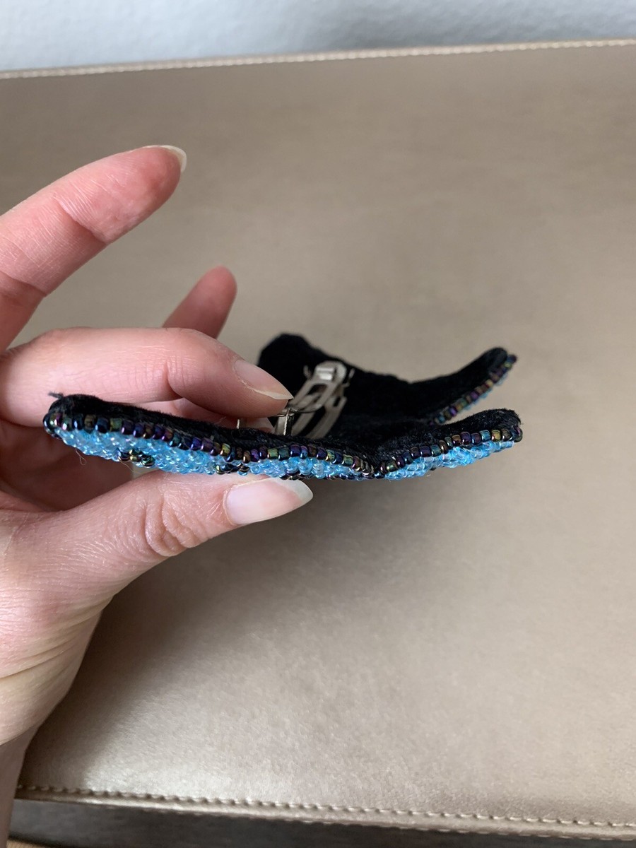 Vintage Large Beaded Butterfly Barrette Blue Teal Handmade Made  in France Vintage Large Beaded Butterfly Barrette Blue Teal Handmade  main image 3