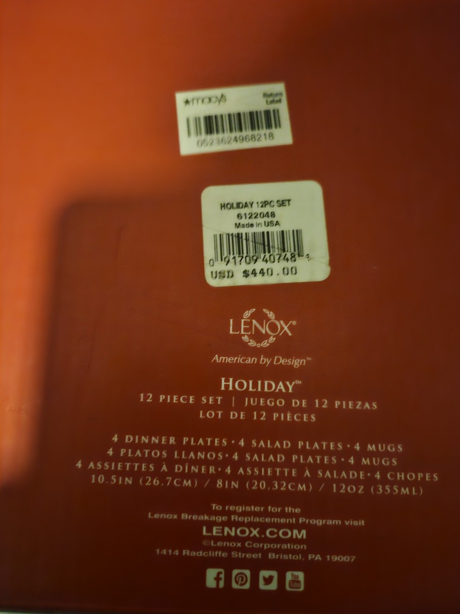 Lenox Holiday 12-Piece Dinnerware Set New Made In USA | eBay