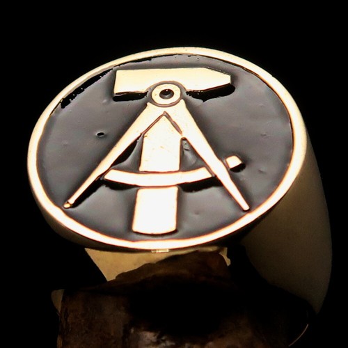 ROUND MENS BRASS COSTUME RING EAST GERMAN SEAL HAMMER COMPASSES BLACK SIZE 5.5 - Picture 7 of 7