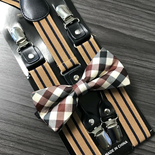 Light Brown 4 Clip Suspender + Clip on Bow-Tie Matching Set for Men Women