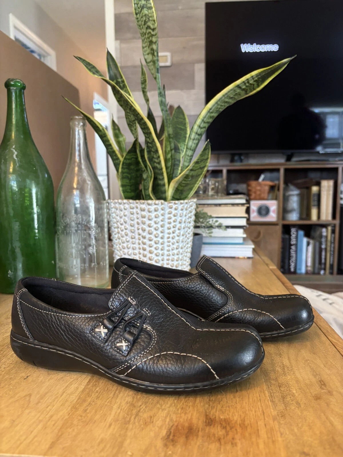 CLARKS Scarpe donna Clark pieghevoli mocassino nero pelle slip on elastico gore 8 5