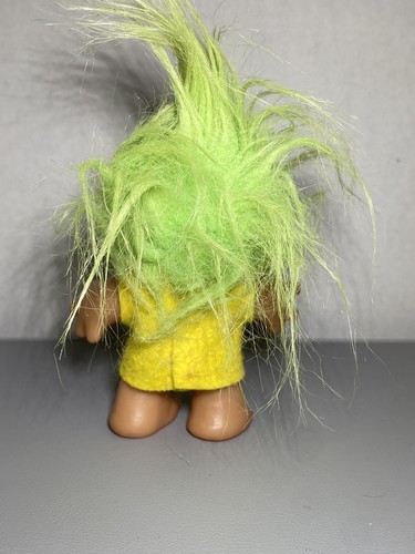 Troll DAM Doll 5” Yellow Felt Dress 1986 Big Nose Pucker Lip Lime Hair - Picture 2 of 6