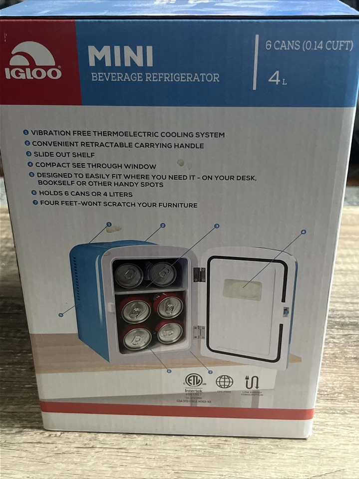 Igloo Mini Nevera Compacta para Bebidas 6 Latas Hogar AC 12vDC Coche Retro Diseño de Cadera Nuevo en Caja Foto 3 de 3