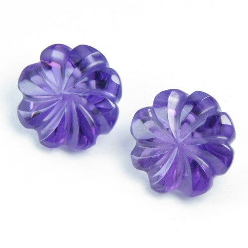 5.23Cts Gorgeous Natural Amethyst 8.7mm Flower Carving Matching Pair Gemstones - Picture 5 of 5