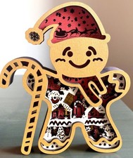 Christmas Jolly Gingerbread Man Holiday Decor Wood 3D Diorama Sculpture Figure