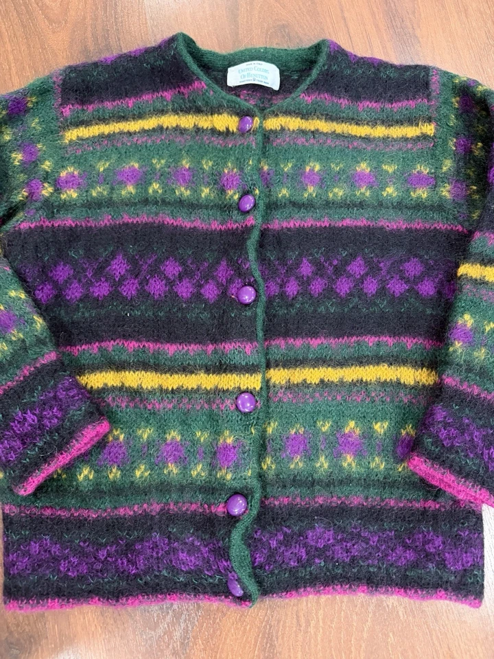 复古 United Colors Of Benetton 意大利马海毛 80 年代开衫紫色绿色爷爷 — 第 2/4 张图片