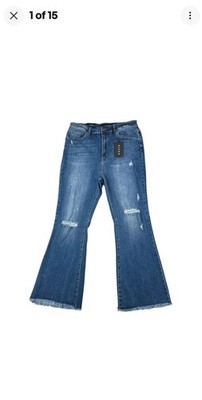 Risen Distressed Flare Jeans High Rise Womens 2XL Stretch Raw Hem Blue Denim New