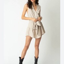 Stillwater LA Beige Sleeveless Button Down Tie Ruffle Mini Dress Small