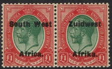 SOUTH WEST AFRICA 1923 KGV £1 GREEN AND RED PAIR SETTING VI MNH **