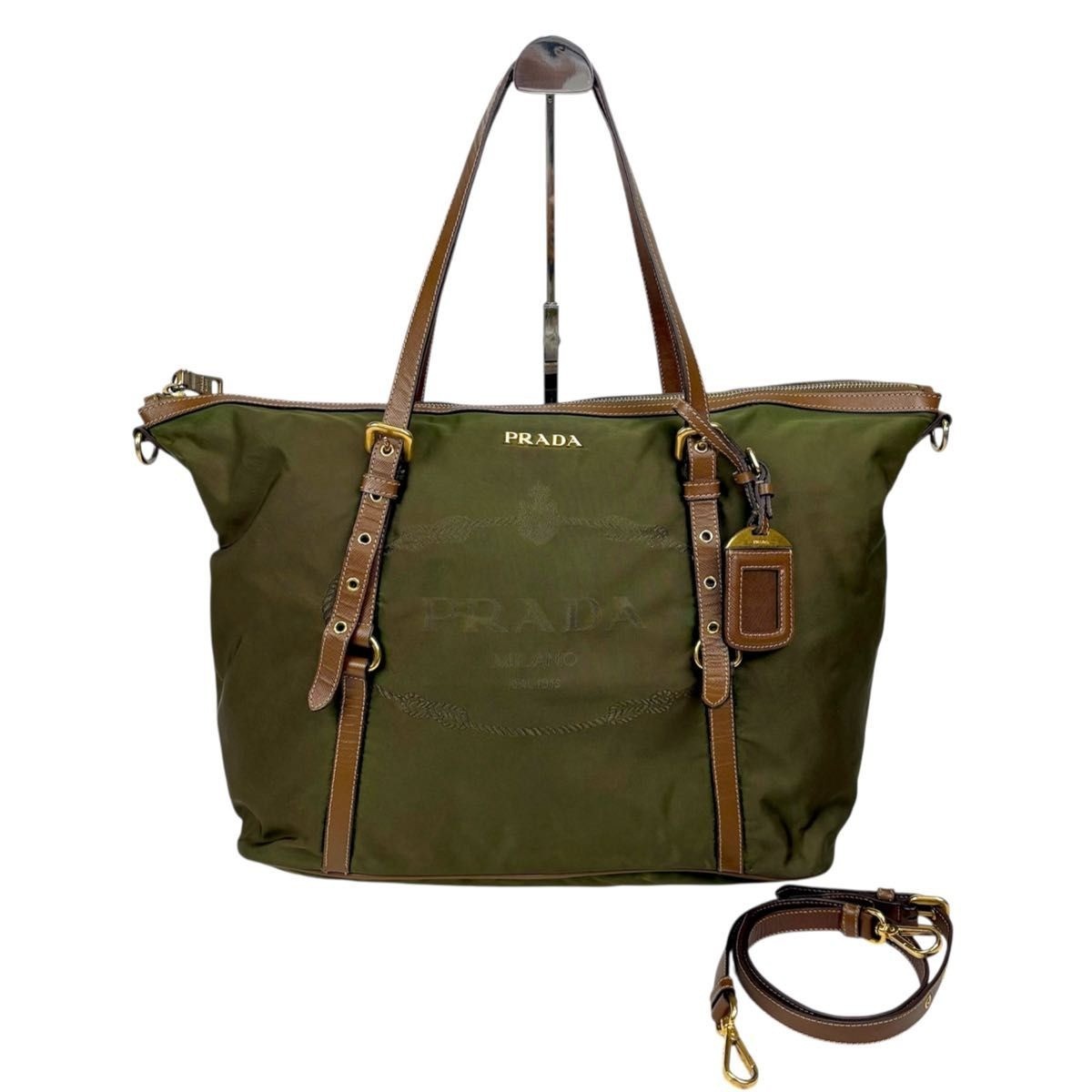 PRADA Logo Tessuto Nylon 2Way Tote Bag Green Khaki Shoulder Strap with tag charm thumbnail 11