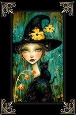 ACEO Artist Trading Card -  Witch Theme 2.5x3.5 Mini Art Cat Riding Shoulder
