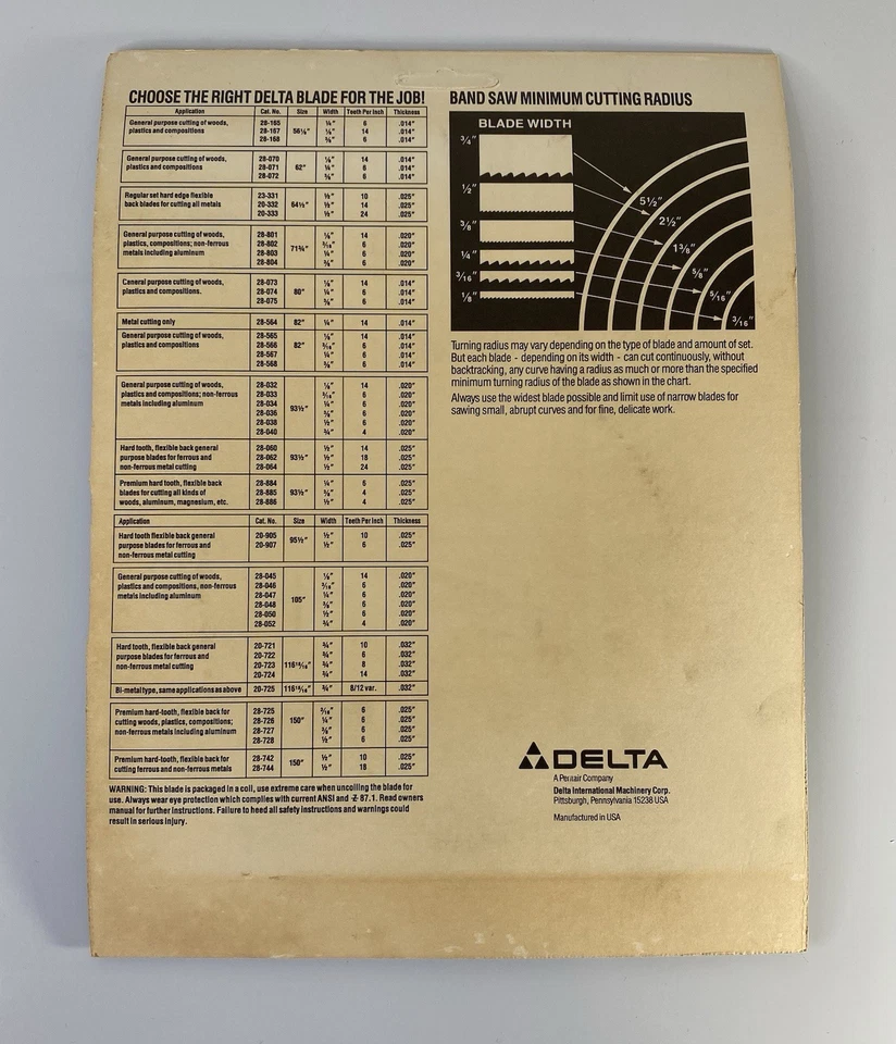 Лезвие ленточной пилы Delta 28-165 56 1/8 дюйма 143 мм 1/4 дюйма 6 мм 0,014 дюйма 0,36 мм 6 точек на дюйм дерево - Изображение 2 из 4