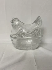Vtg French Clear Hen On Nest Glass Covered Candy Trinket Dish Made in France