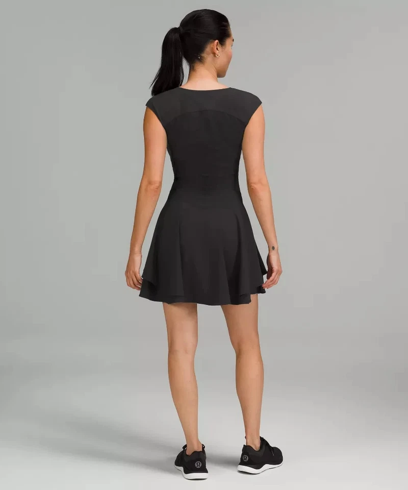 LULULEMON Black Everlux Perforated Mesh-Back Tennis Dress 6 = S Logo Dance Gym - Image 2 of 4