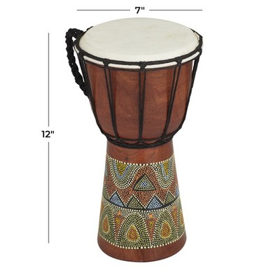 7'' x 12'' Brown Wood Handmade Djembe Drum Sculpture with Rope Accents, by DecMode