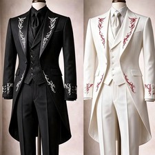 British Men's Suit 3 Pieces Embroidery Tuxedo Tailcoat Vest Wedding Groom Set
